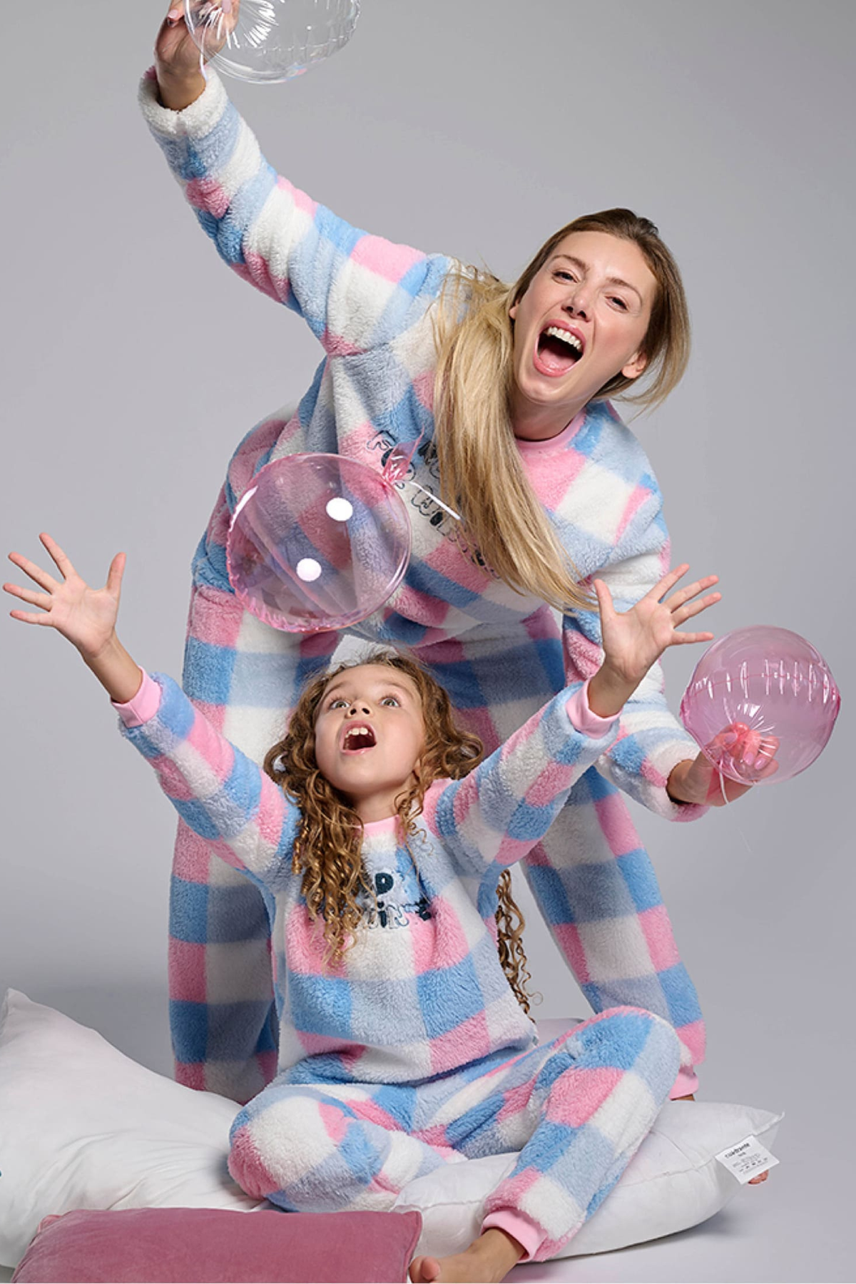 Girls' long sherpa fleece Ready for Winter checked pyjamas