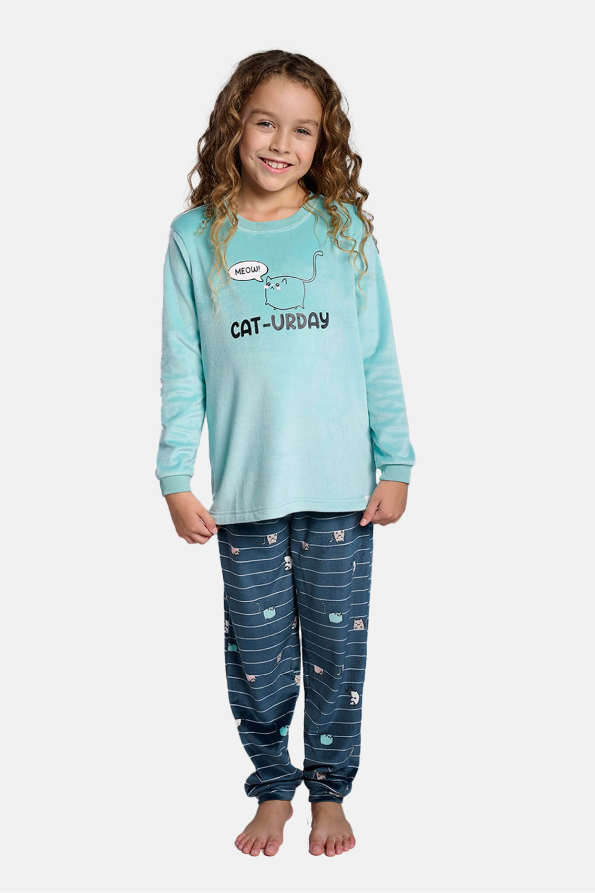 Girls' long velvet cat-urday striped pyjamas
