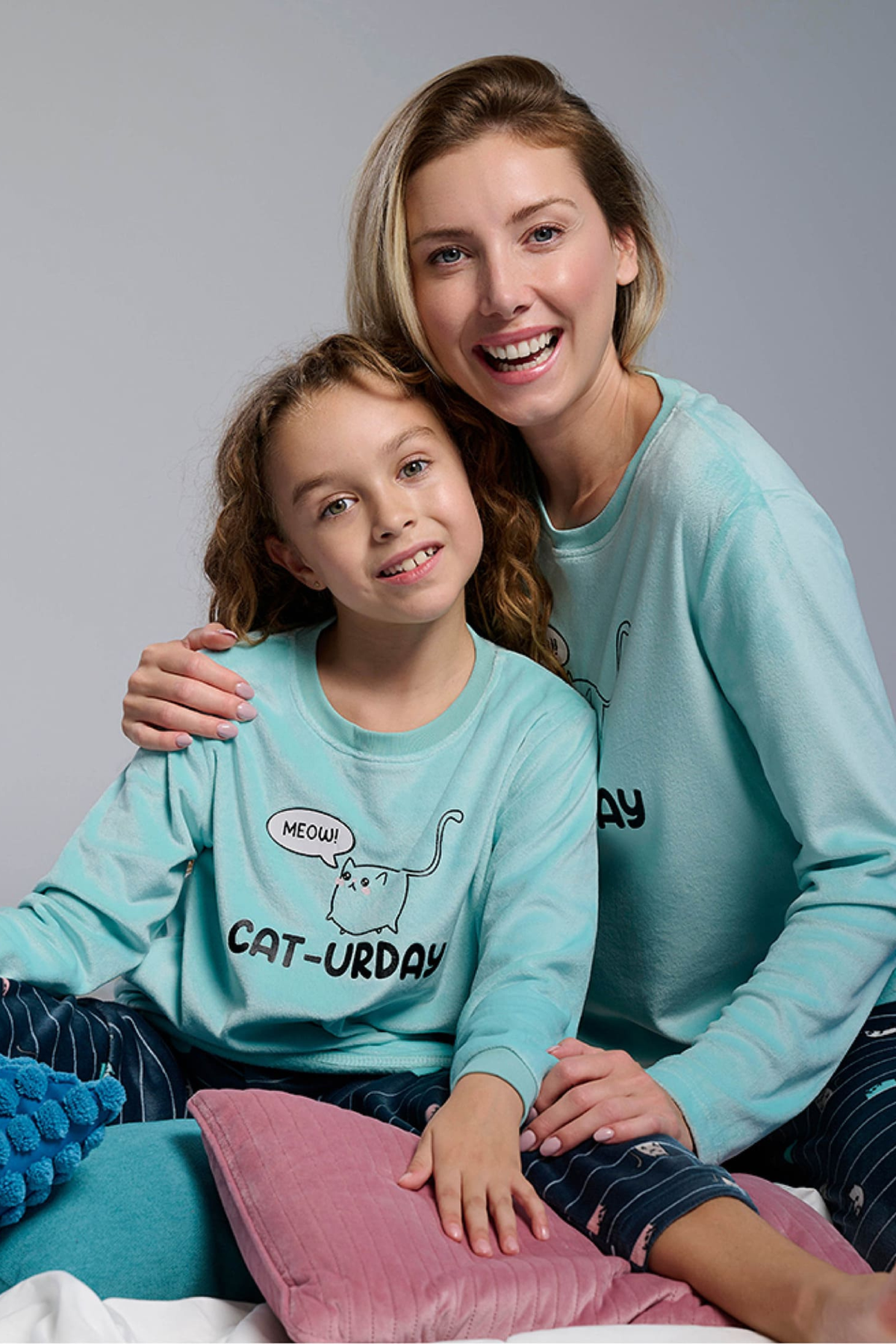 Girls' long velvet cat-urday striped pyjamas