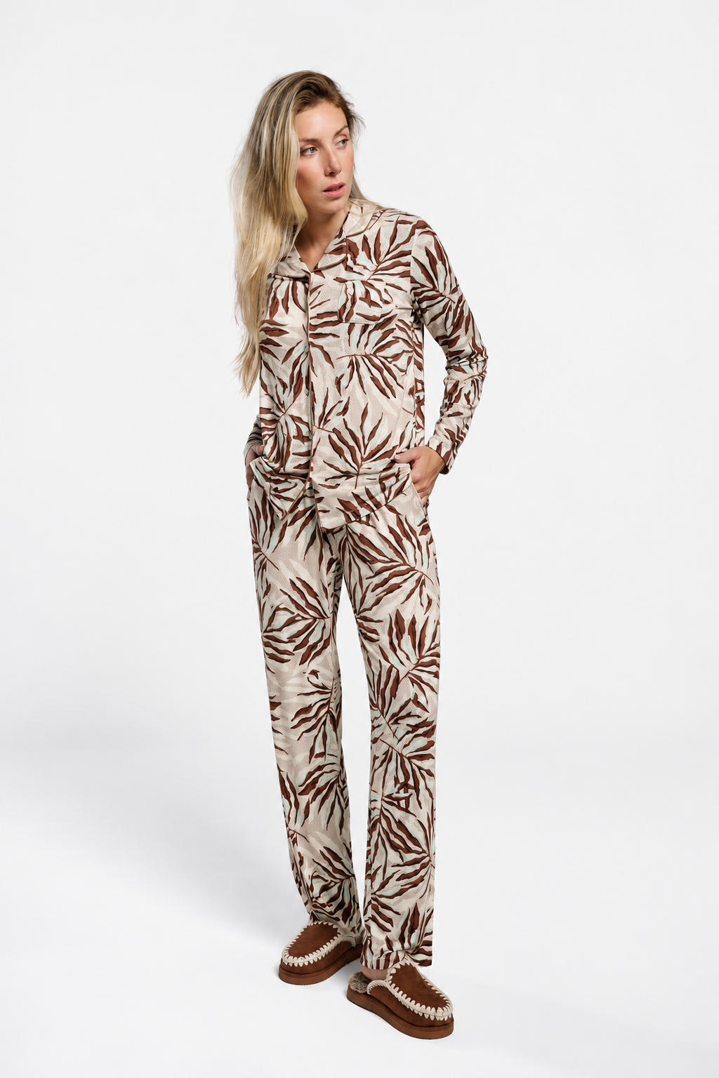 Women's lightweight tropical-print long shirt-style pyjamas