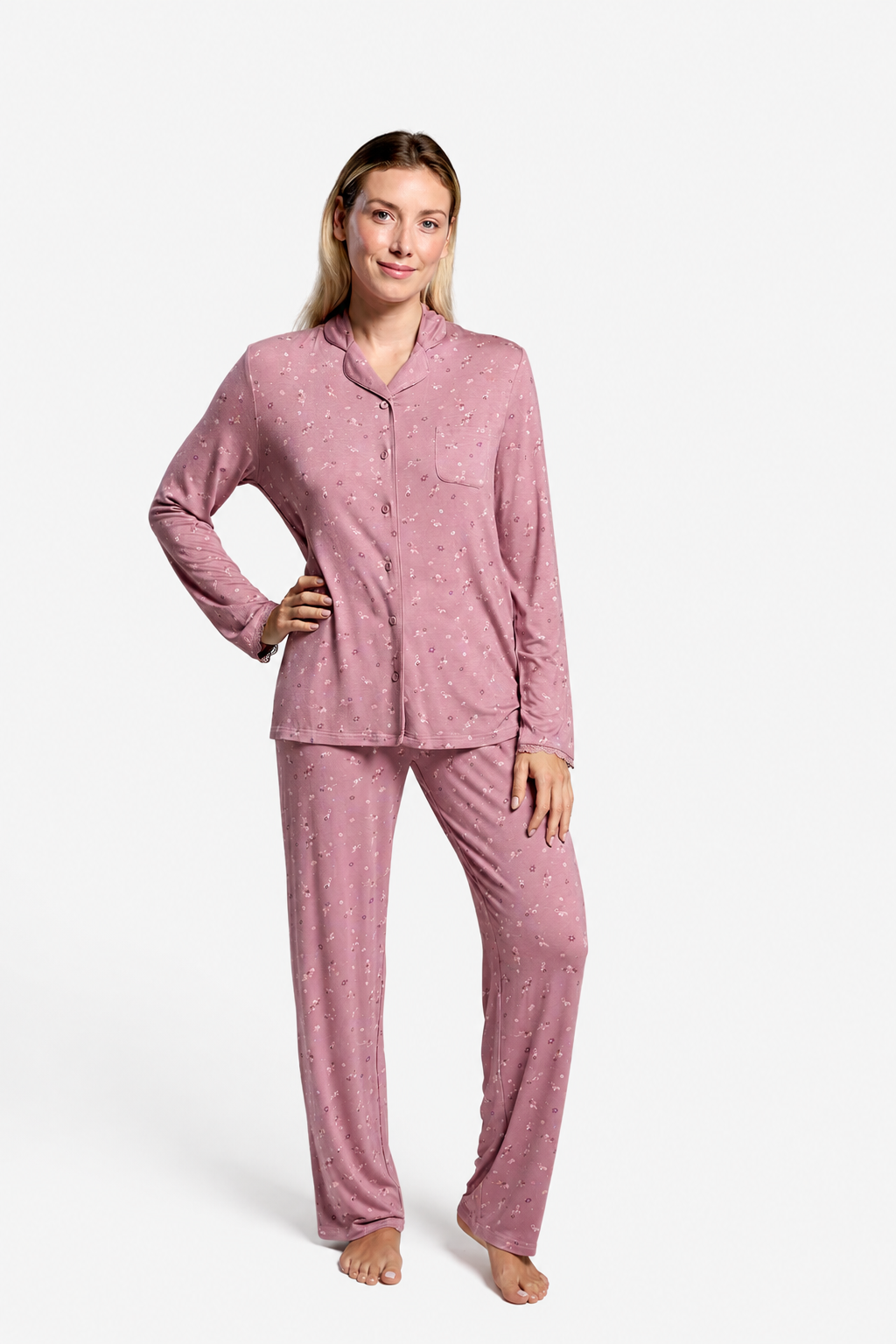 Women's lightweight long shirt pyjamas with small pink flowers