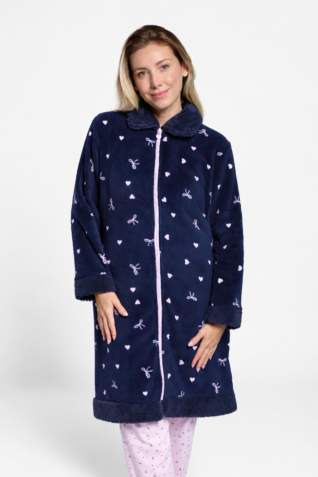 Women's long navy bow-print coral fleece robe
