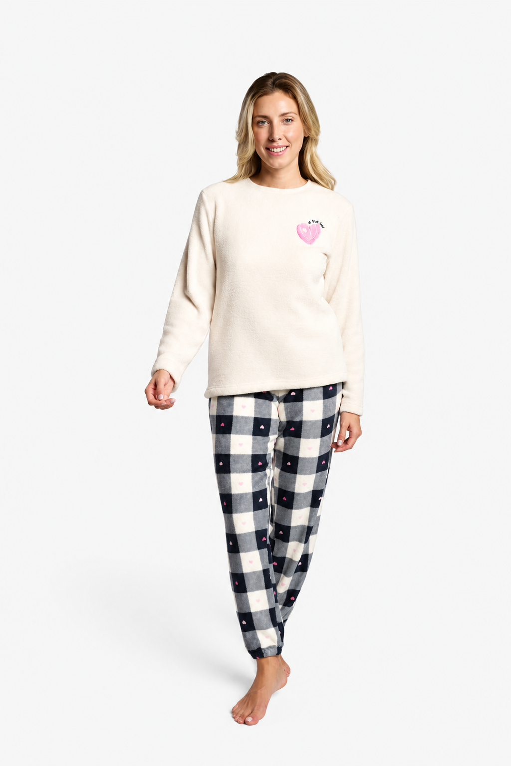 Women's long black-and-white checked coral fleece pyjamas