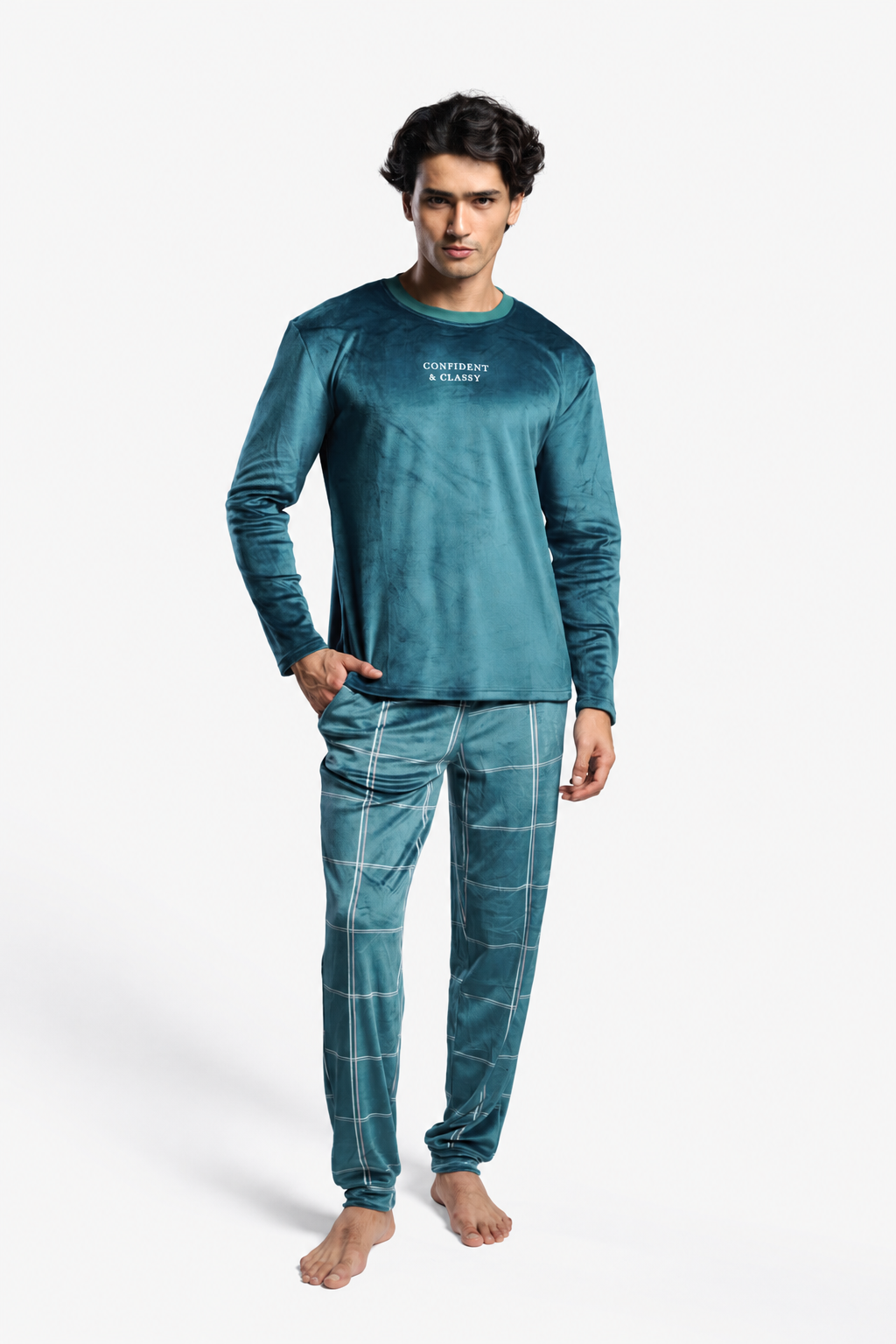 Men's long velvet Confident & Classy checked pyjamas