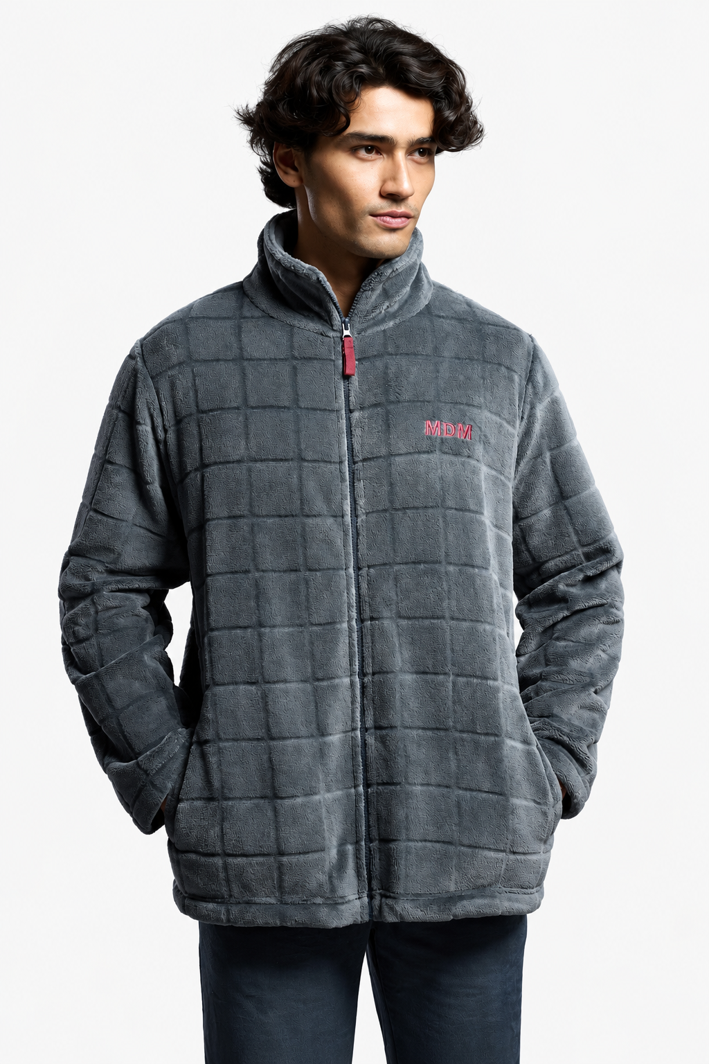 Men's short grey embossed-check coral fleece robe