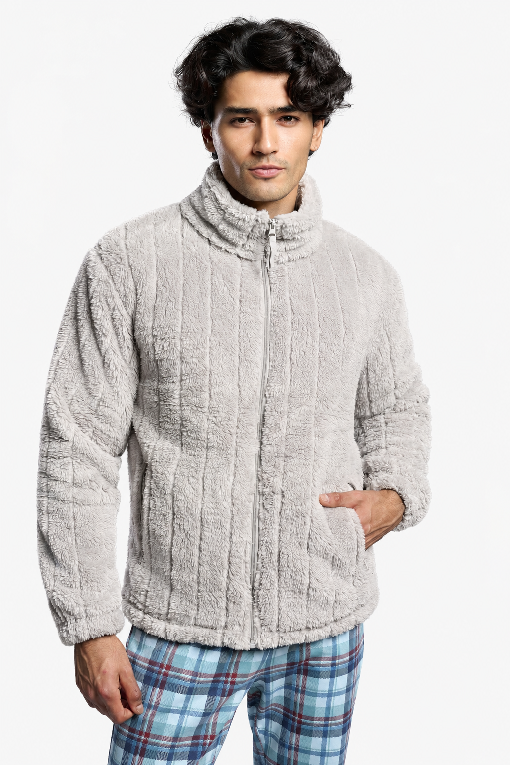 Men's short grey jacquard sherpa fleece robe
