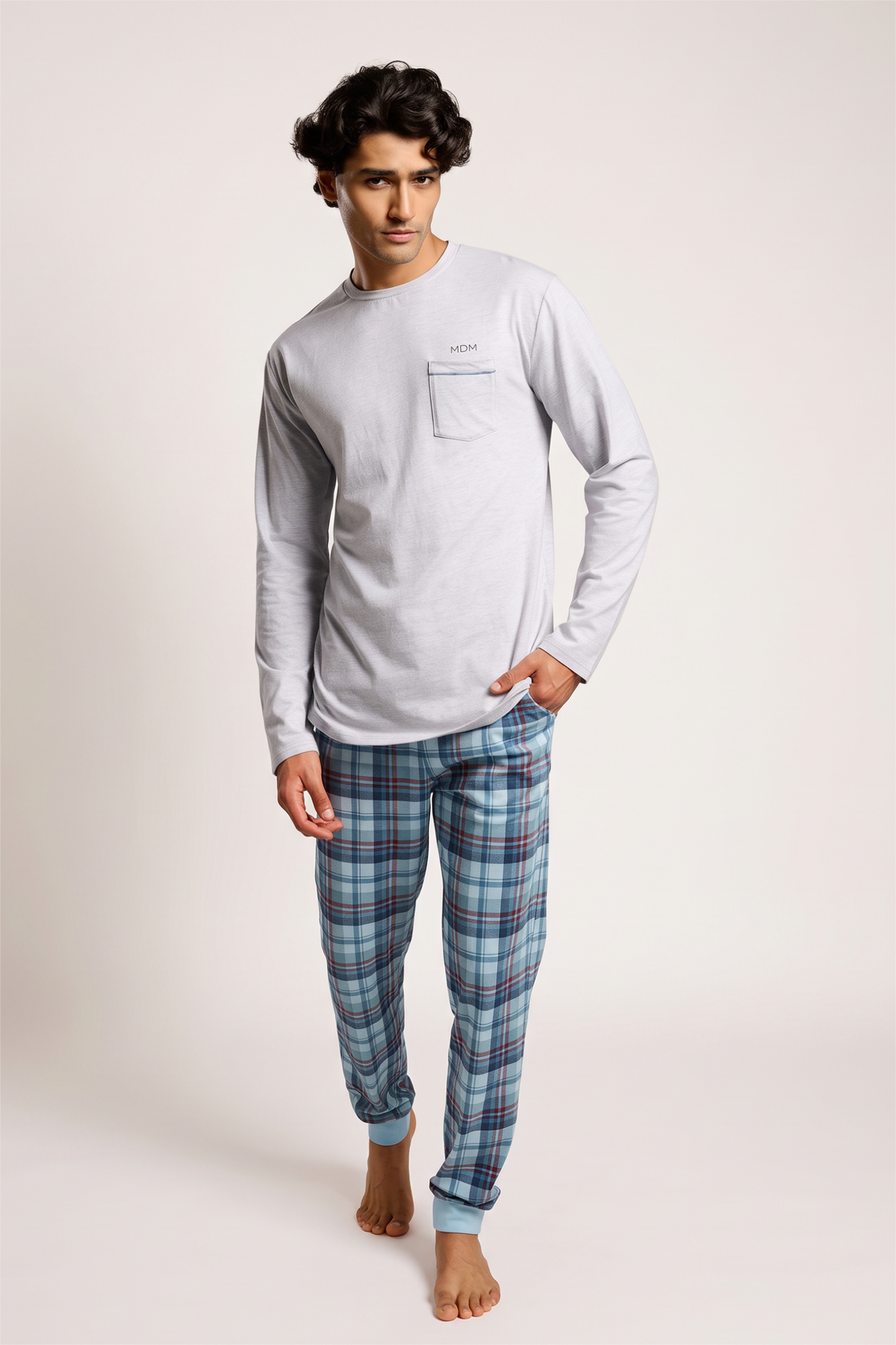 Men's long cotton checked pyjamas