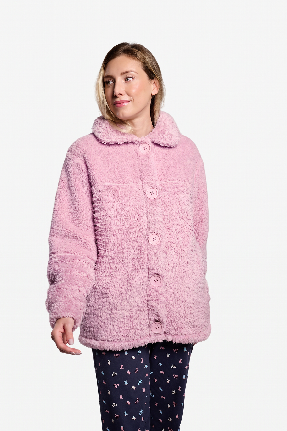 Women's short pink sherpa fleece robe with buttons