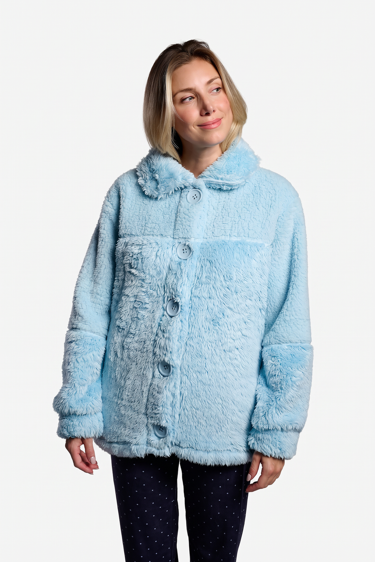 Women's short blue sherpa fleece robe with buttons