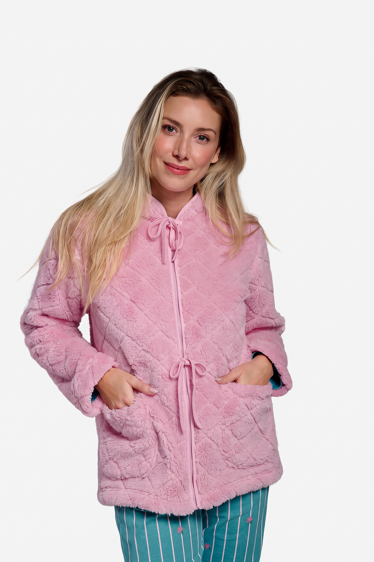 Women's short pink sherpa fleece robe with bow details