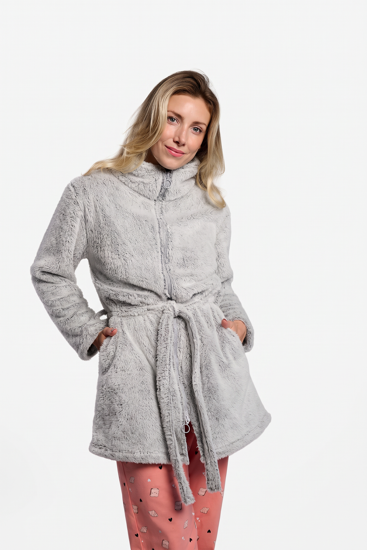 Women's short grey coral fleece robe