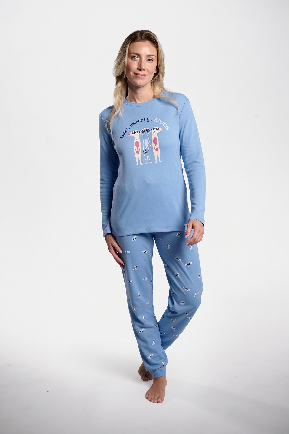 Women's long brushed blue meerkat pyjamas