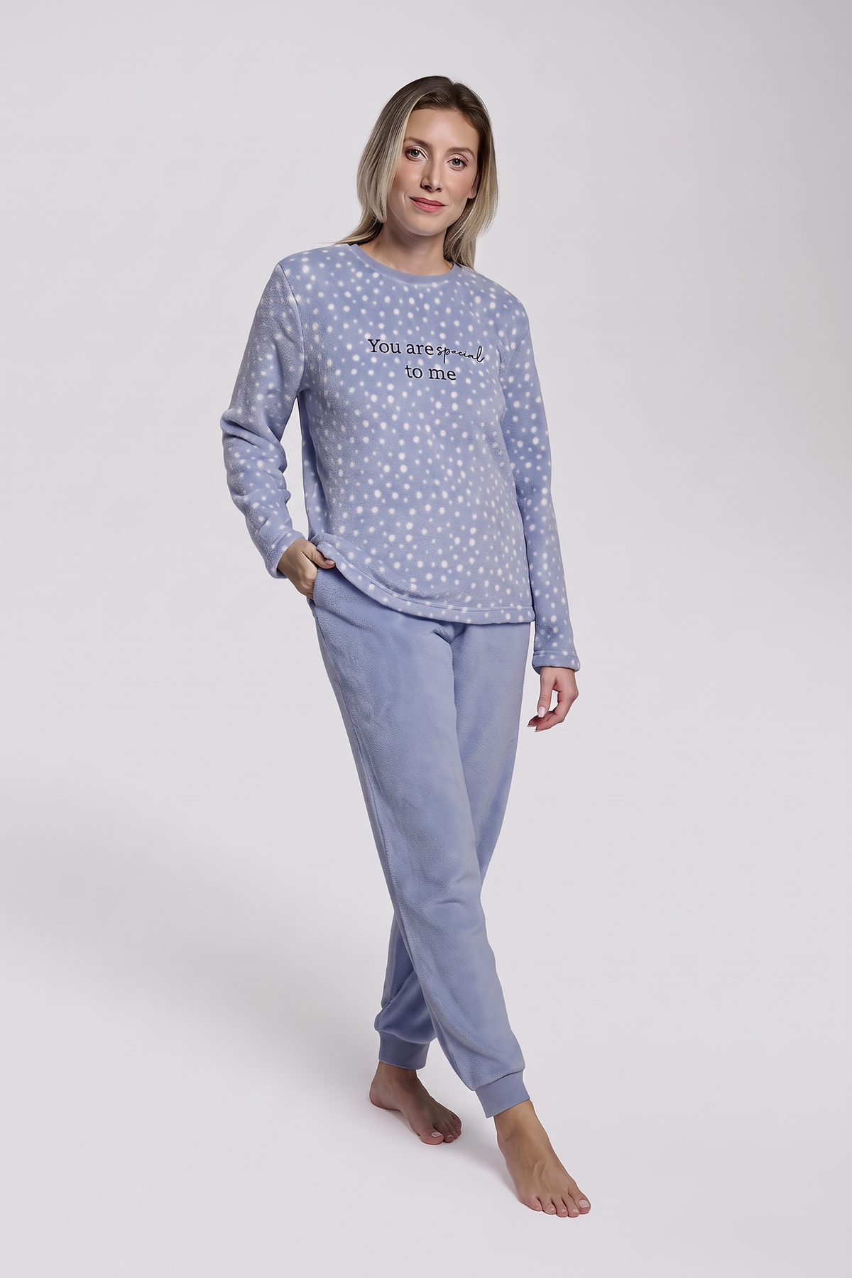 Women's long blue polka-dot coral fleece pyjamas