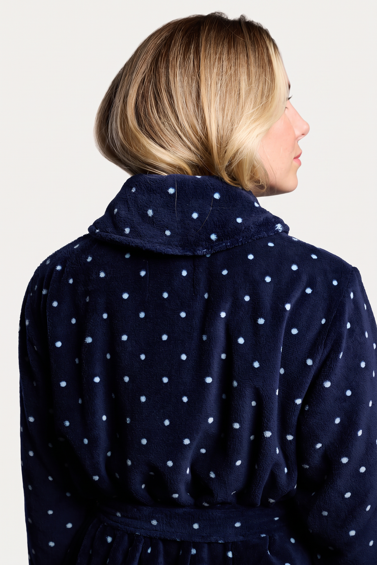 Women's navy polka-dot midi coral fleece robe