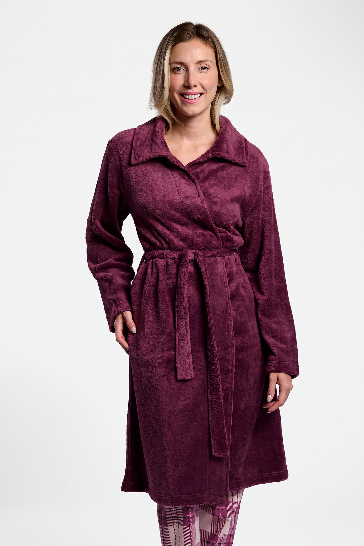Women's burgundy midi coral fleece robe