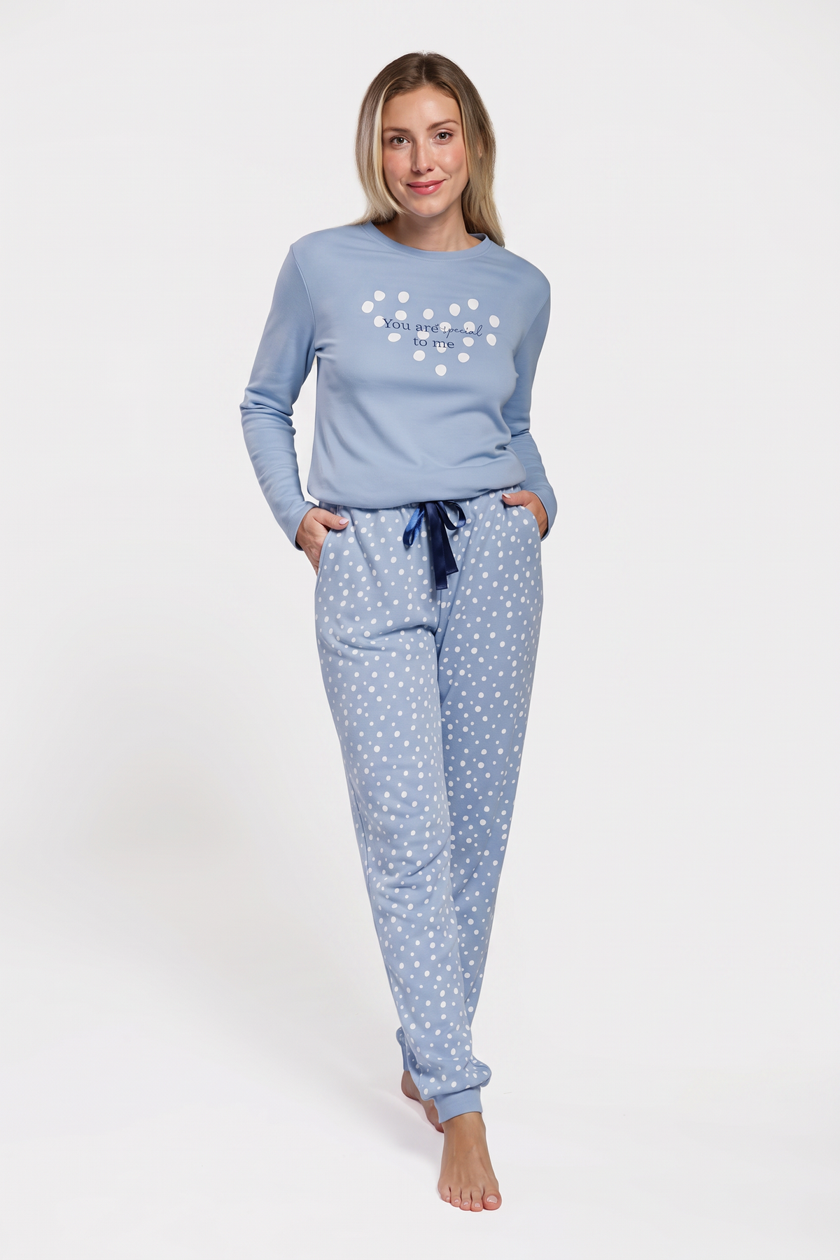 Women's long brushed blue dot-print pyjamas