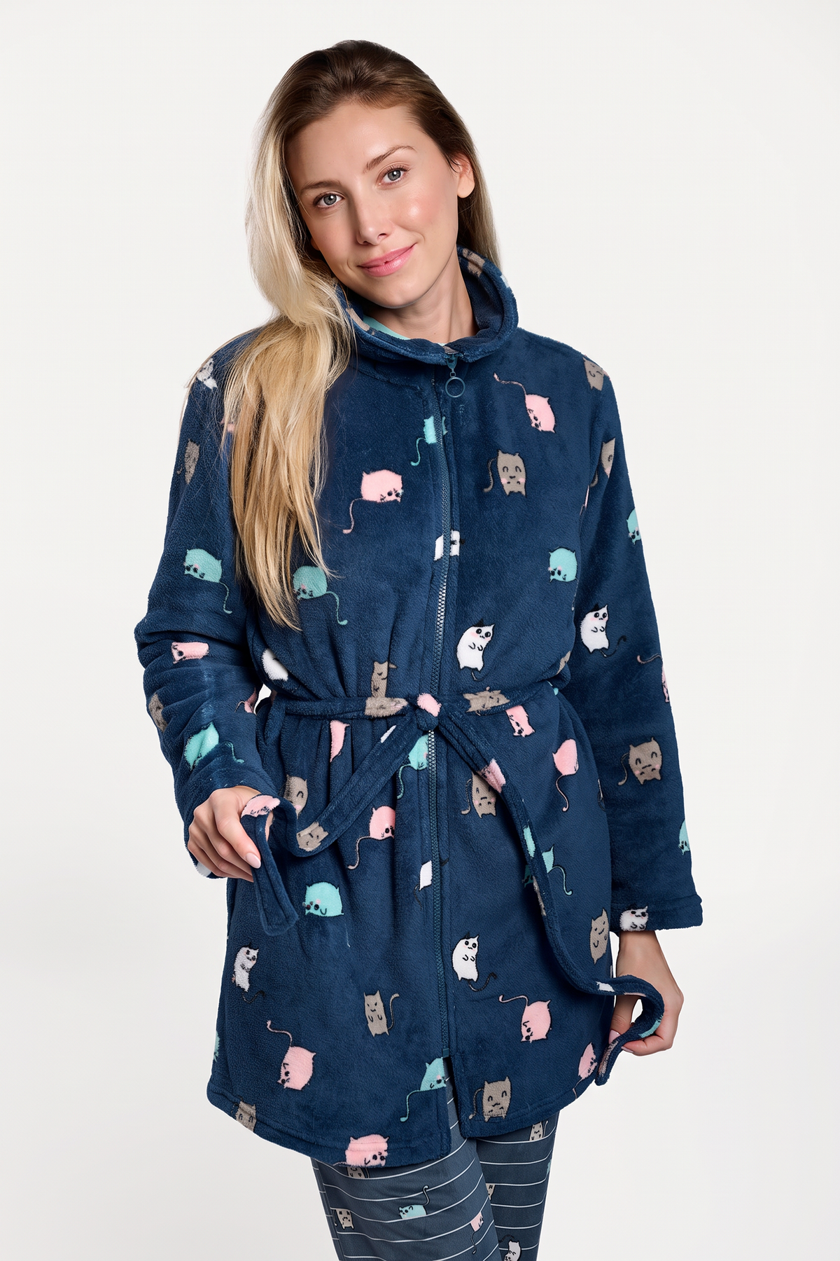 Women's short navy cat-print coral fleece robe