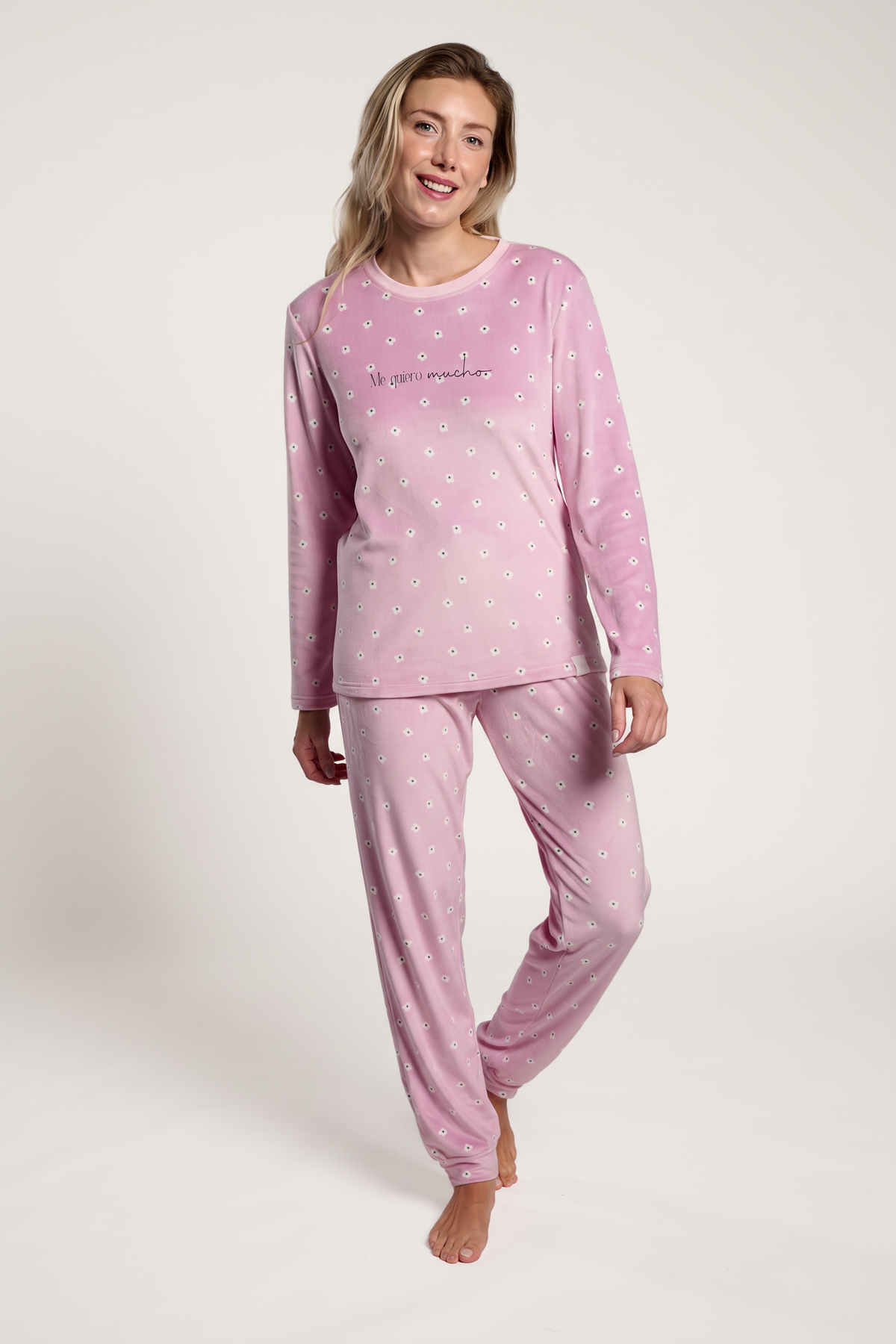 Women's long pink velvet printed pyjamas