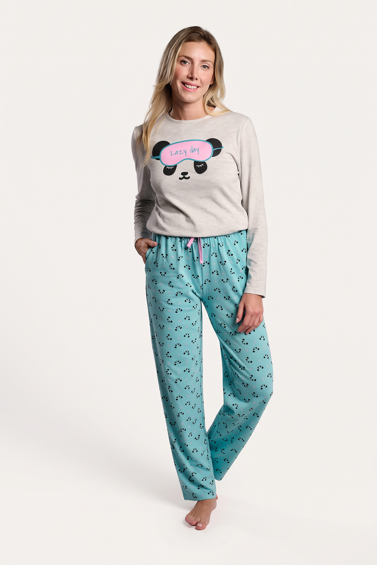 Women's long cotton panda-print pyjamas