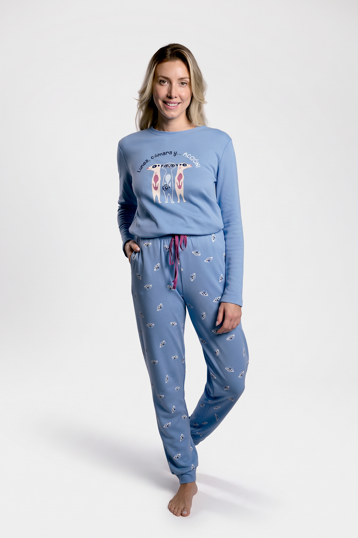 Women's long brushed blue meerkat pyjamas