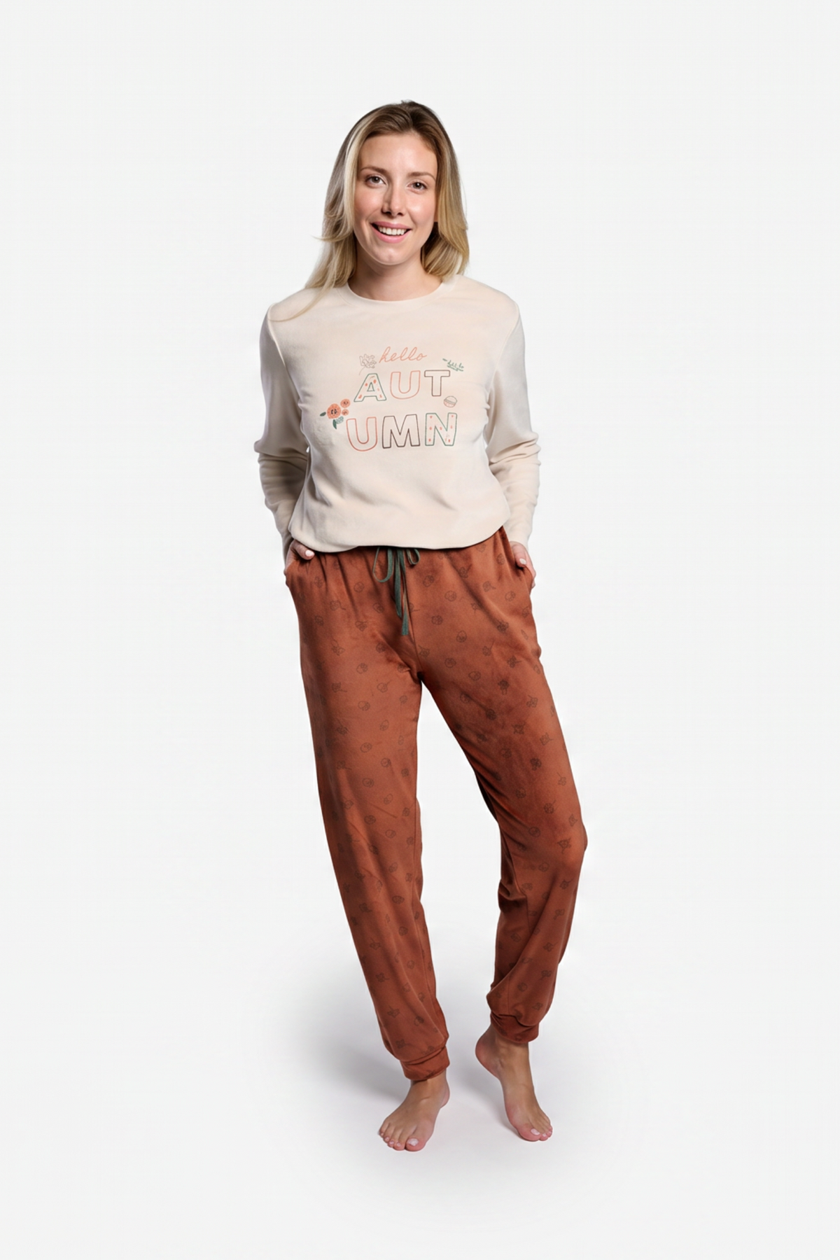 Women's long velvet autumn-print pyjamas