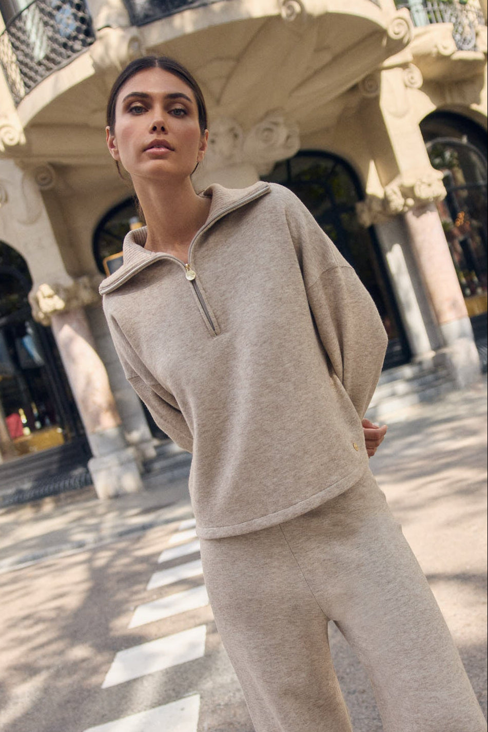 Warm sweater with zip neck in beige