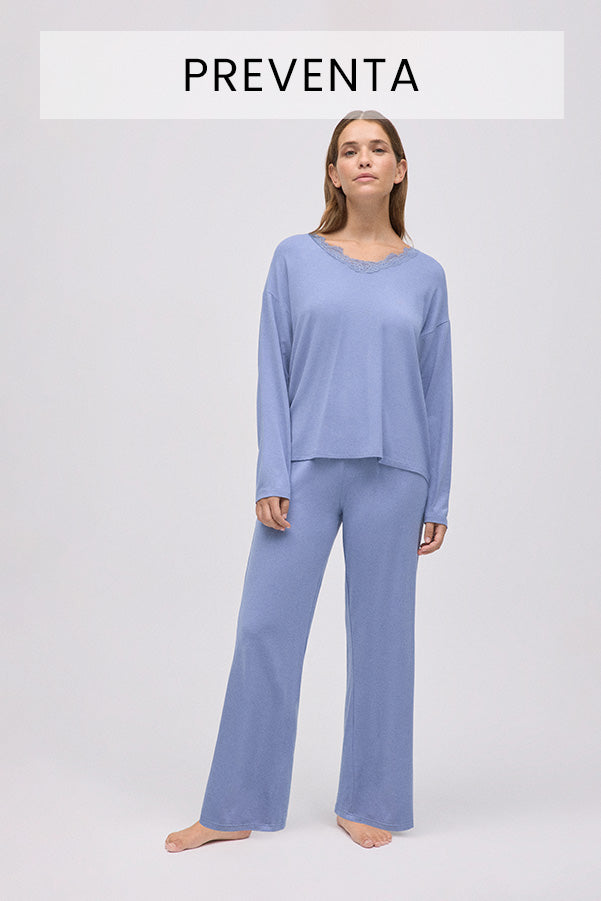 PRESALE Extra soft modal long pajamas with wide-legged blue pants