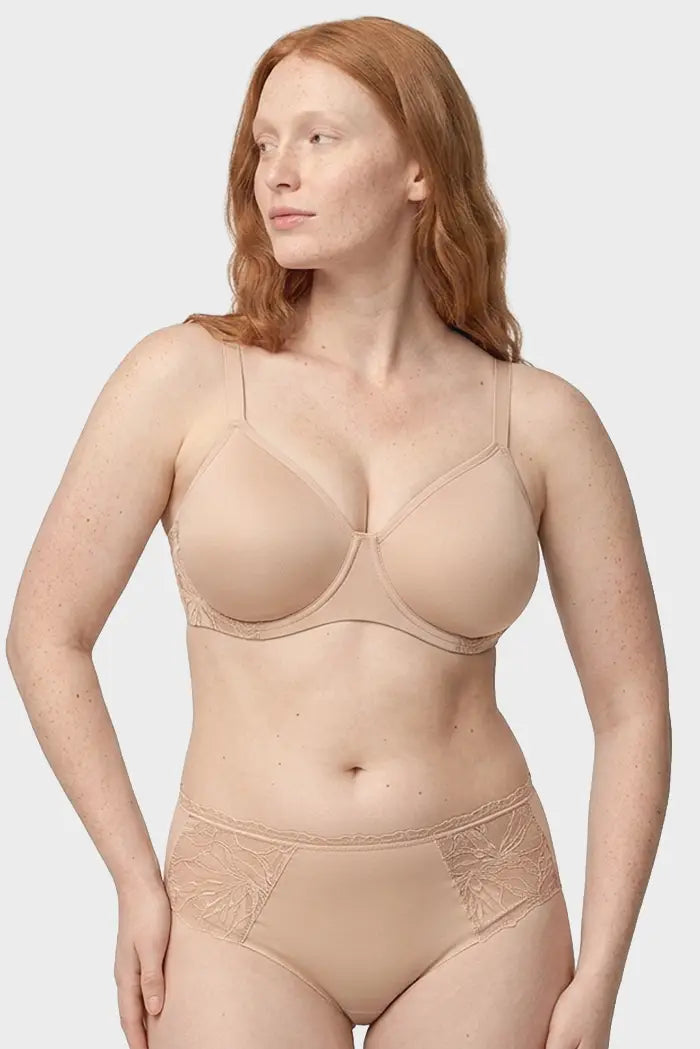 Full-coverage underwire bra with no padding, nude lace details