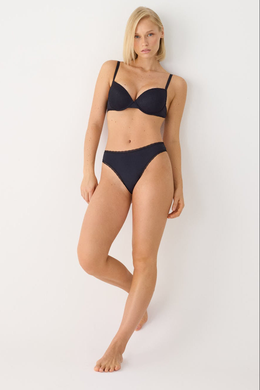 Black textured push-up bra and thong set