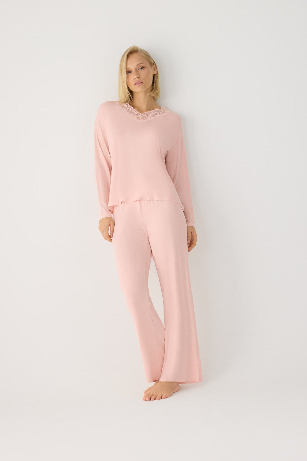 Lightweight soft women's long pyjamas with nude wide-leg trousers