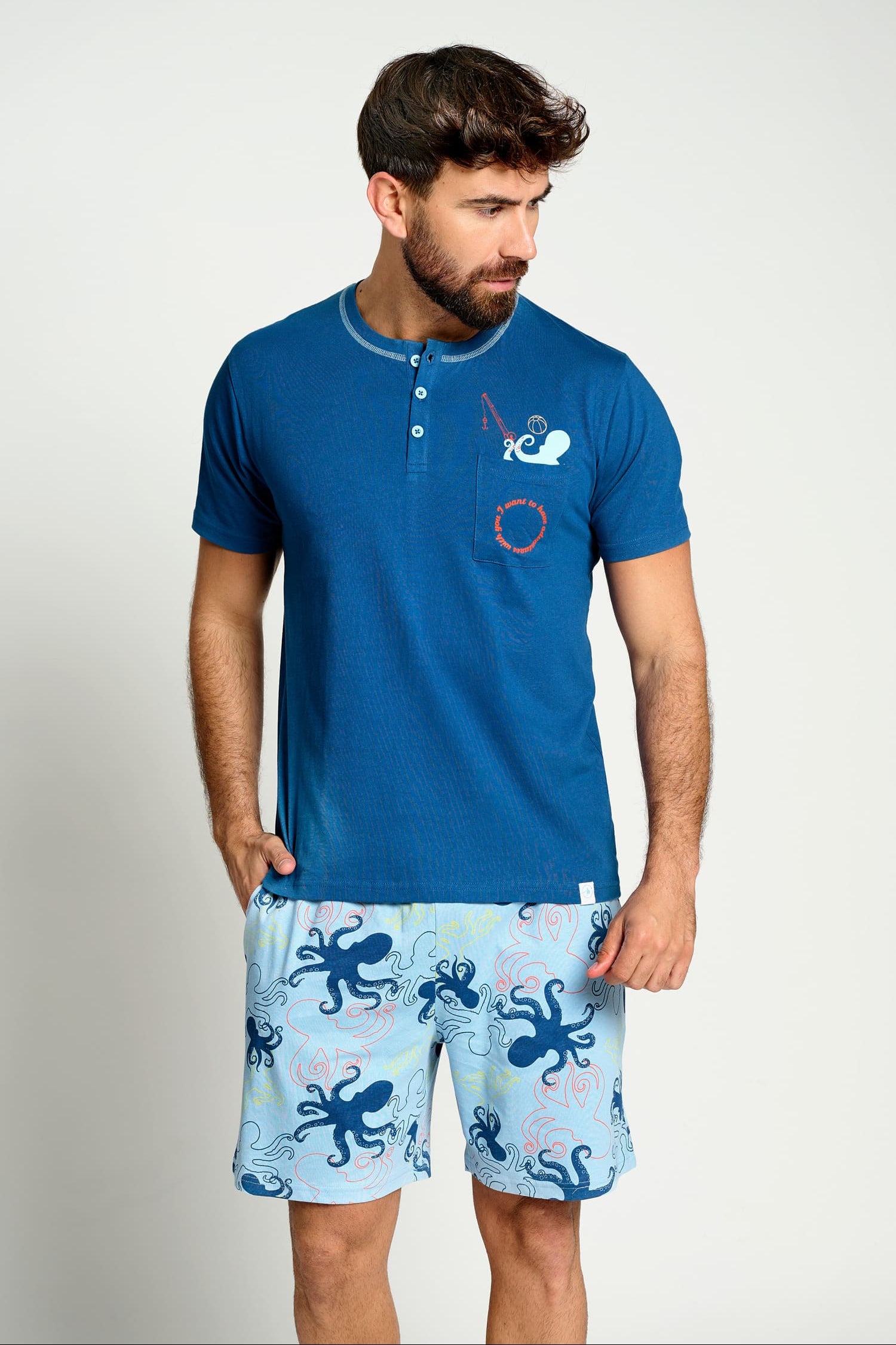 Men's short cotton pajamas with octopus print | MUYDEMI