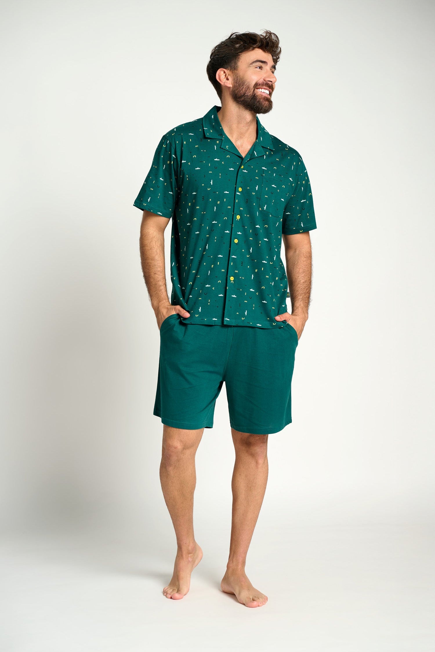 Men's short cotton shirt-style pajamas in green | MUYDEMI
