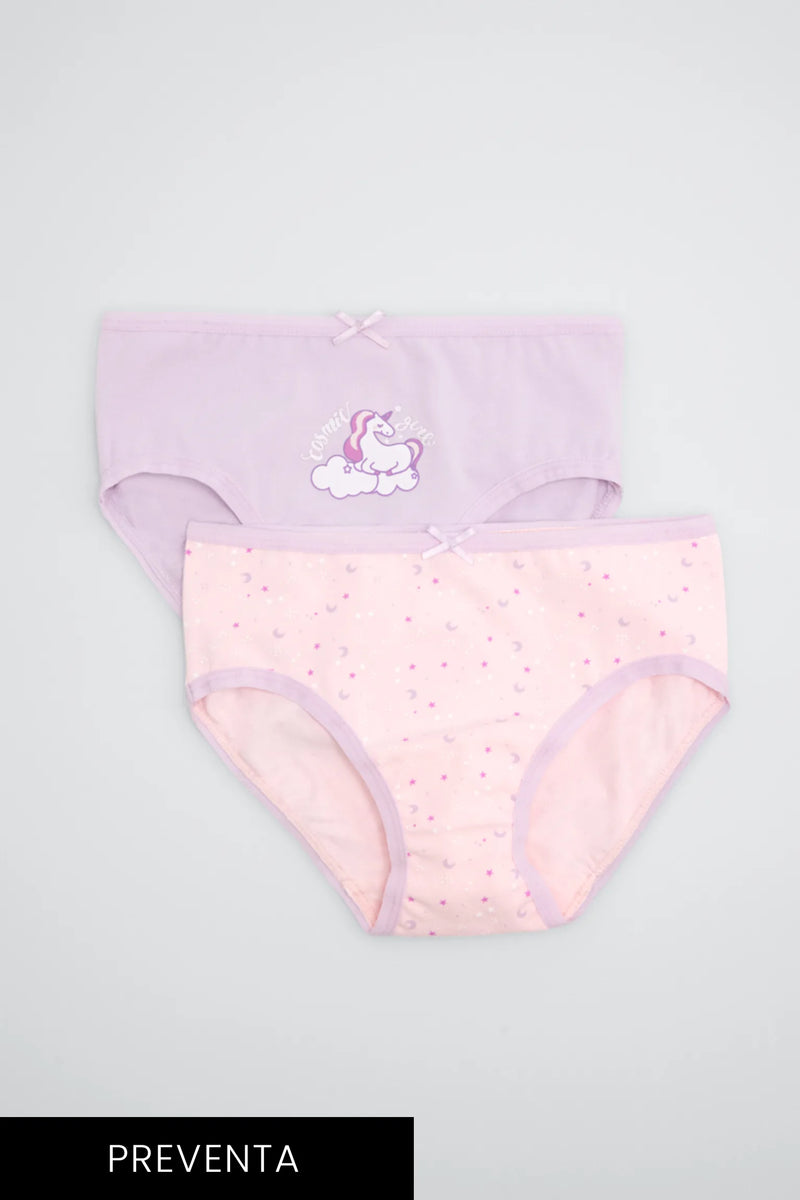 PRE-ORDER Pack of 2 girls' cotton briefs with unicorn print