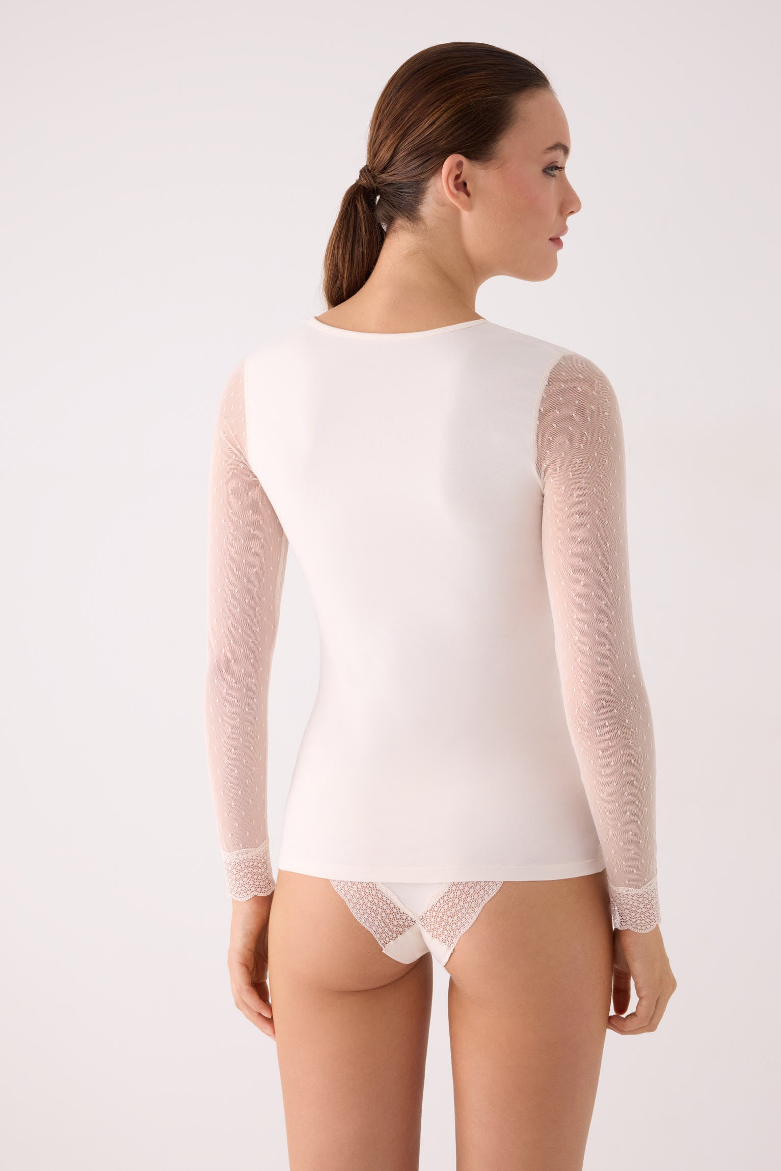 Ivory long-sleeve plumetis top with lace