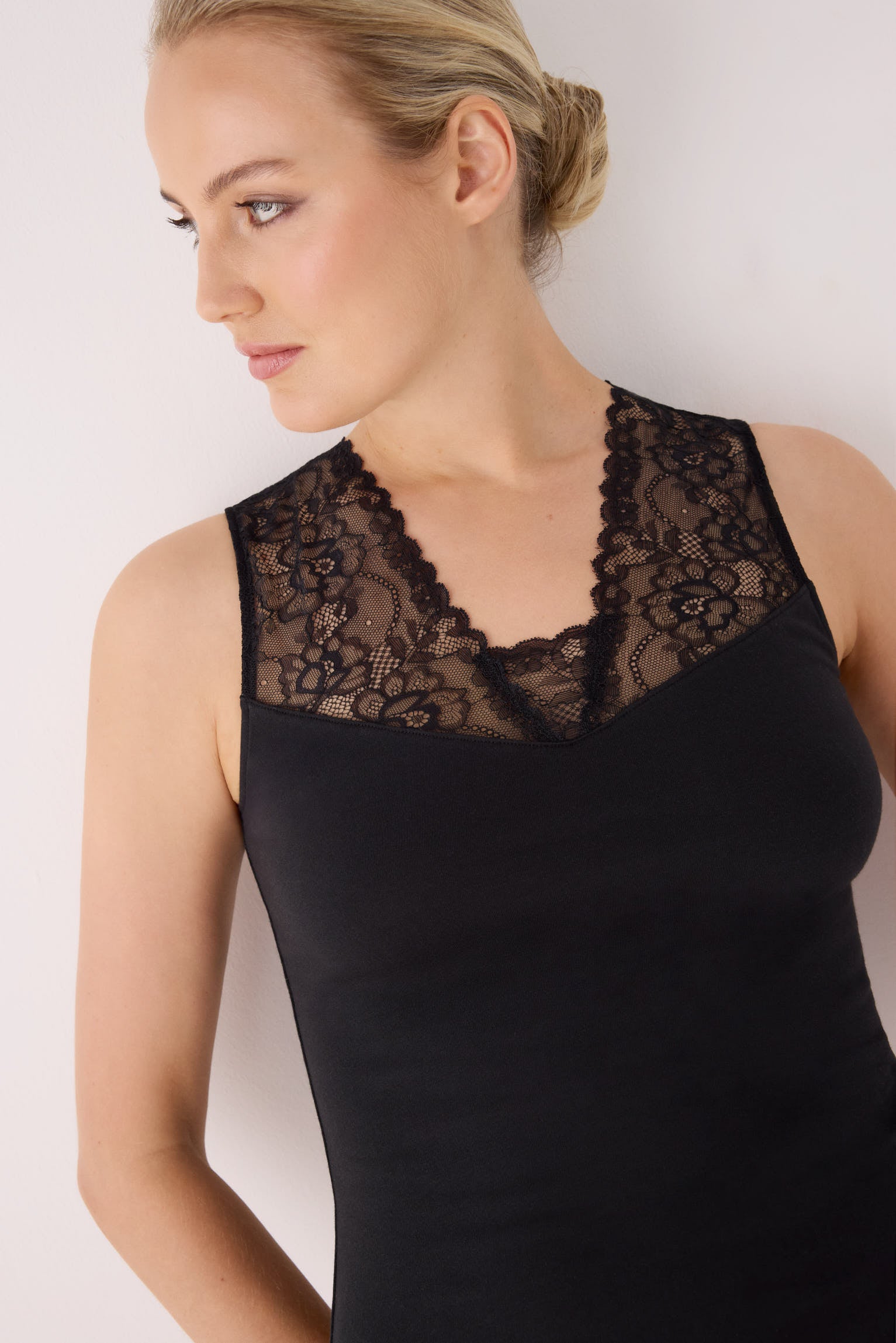 Black wide-strap camisole with lace neckline
