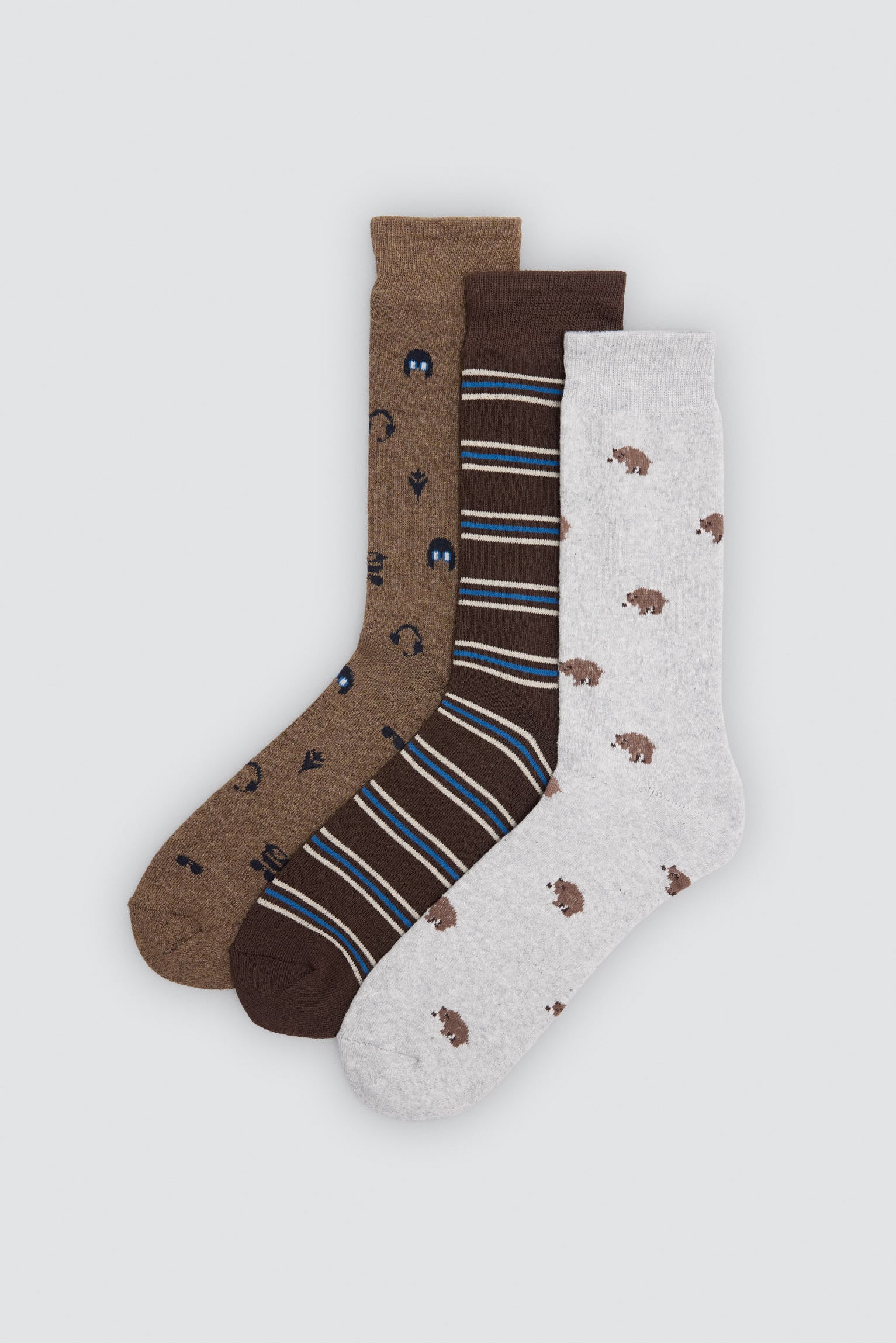 Pack of 3 thermal socks with assorted bear, headphone and stripe prints