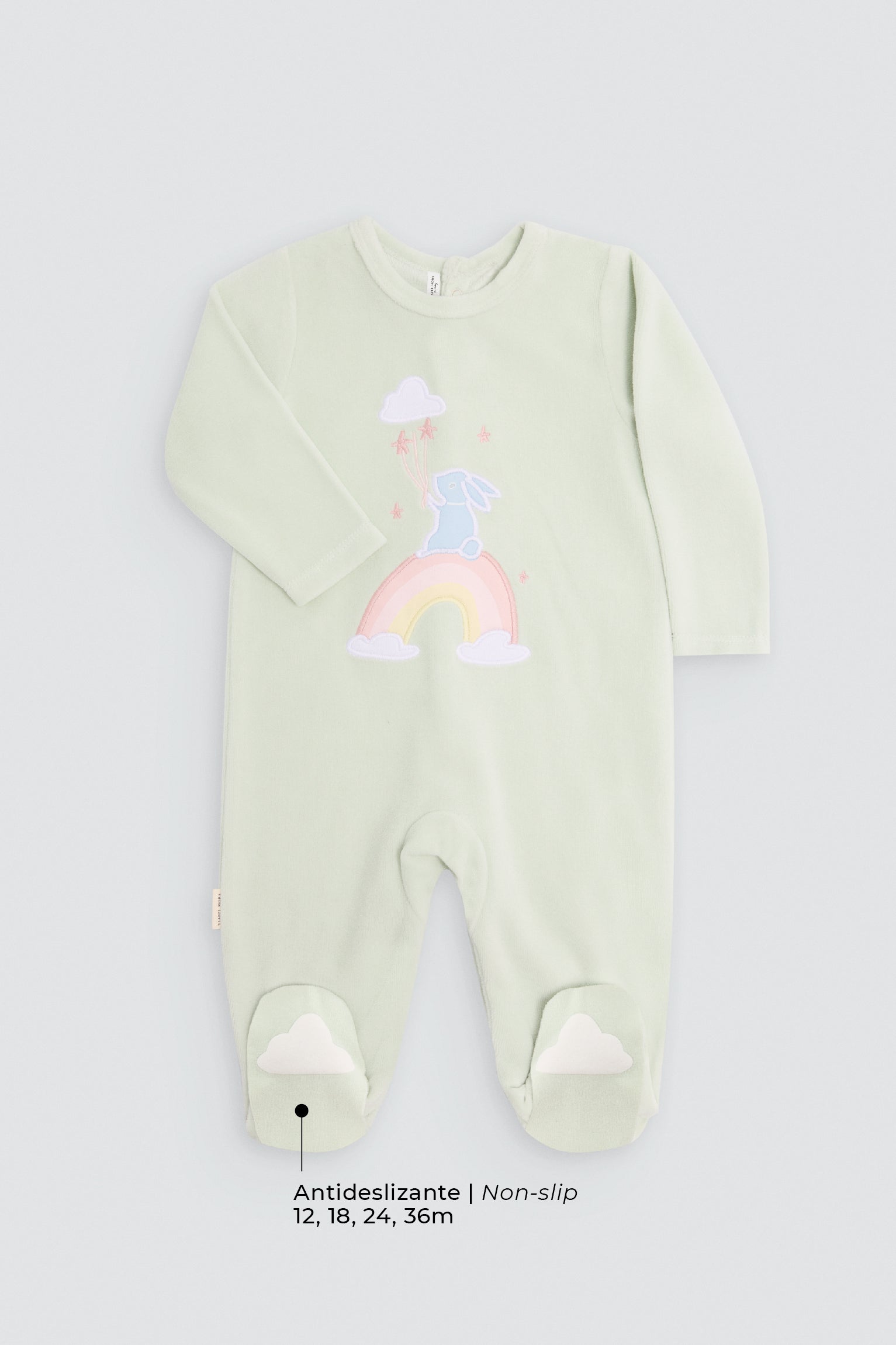 Baby long-sleeve velvet sleepsuit with bunny and rainbow print