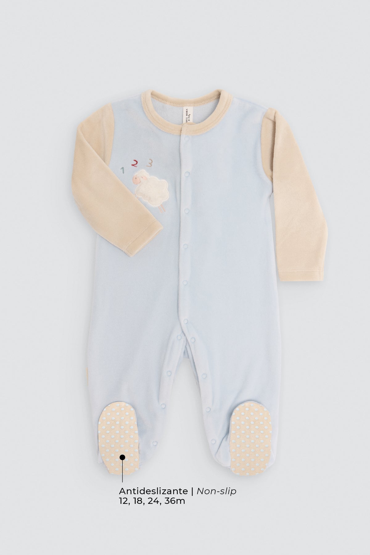 Two-tone baby velvet sleepsuit with sheep design