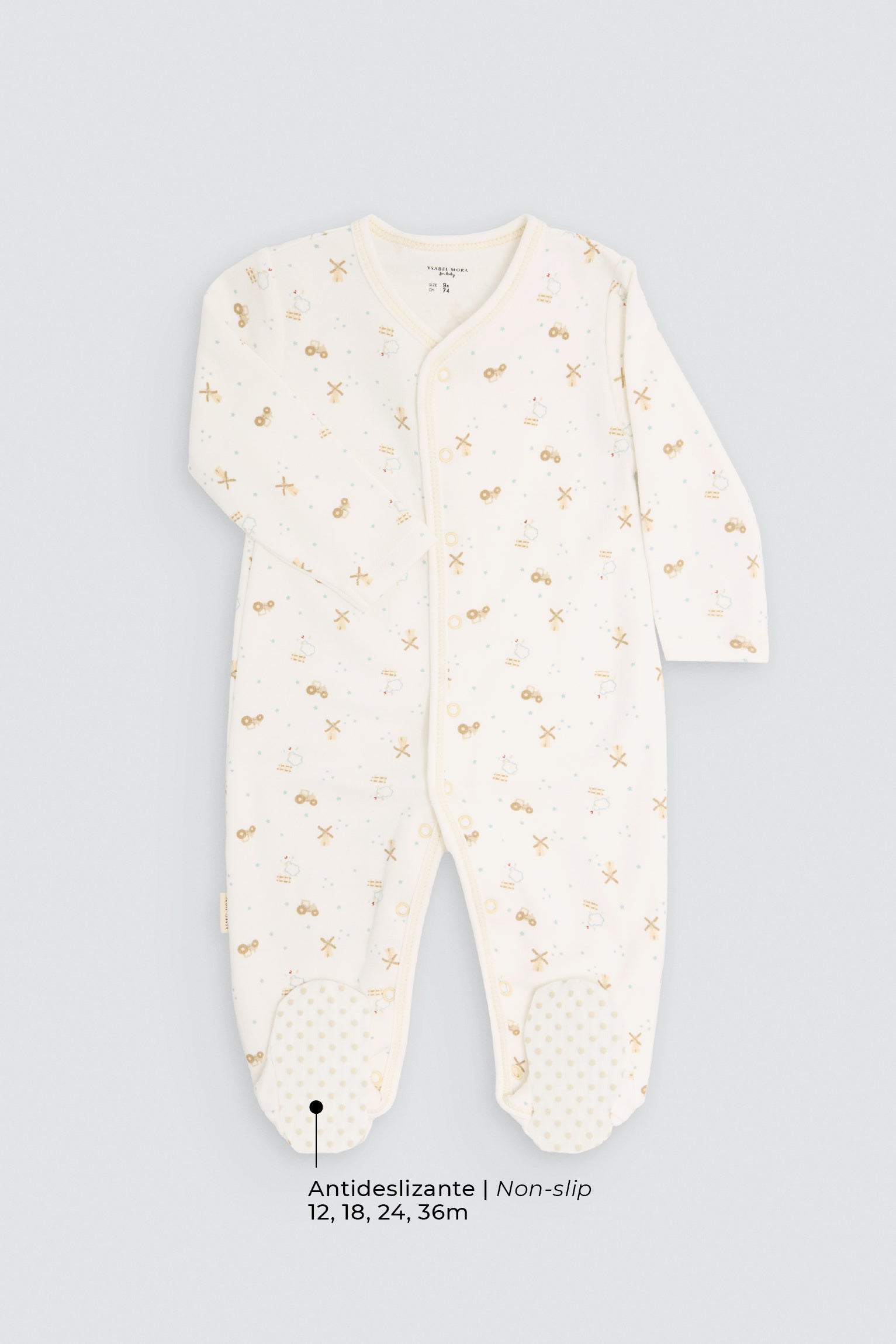 Baby long-sleeve sleepsuit with windmills, tractors and sheep print