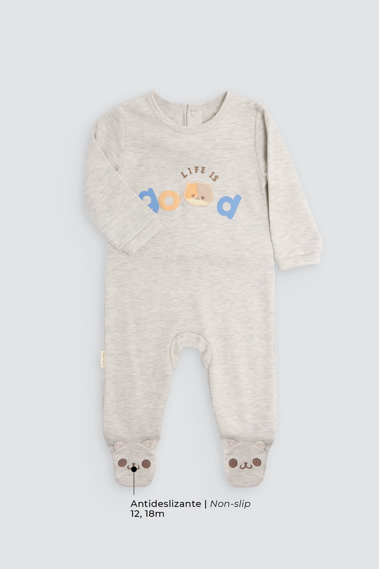 Baby long-sleeve sleepsuit with 3D ear details and cat print