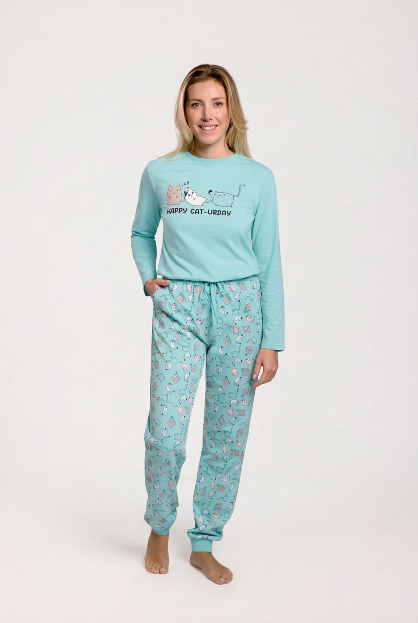 Women's long blue cotton cat-print pyjamas