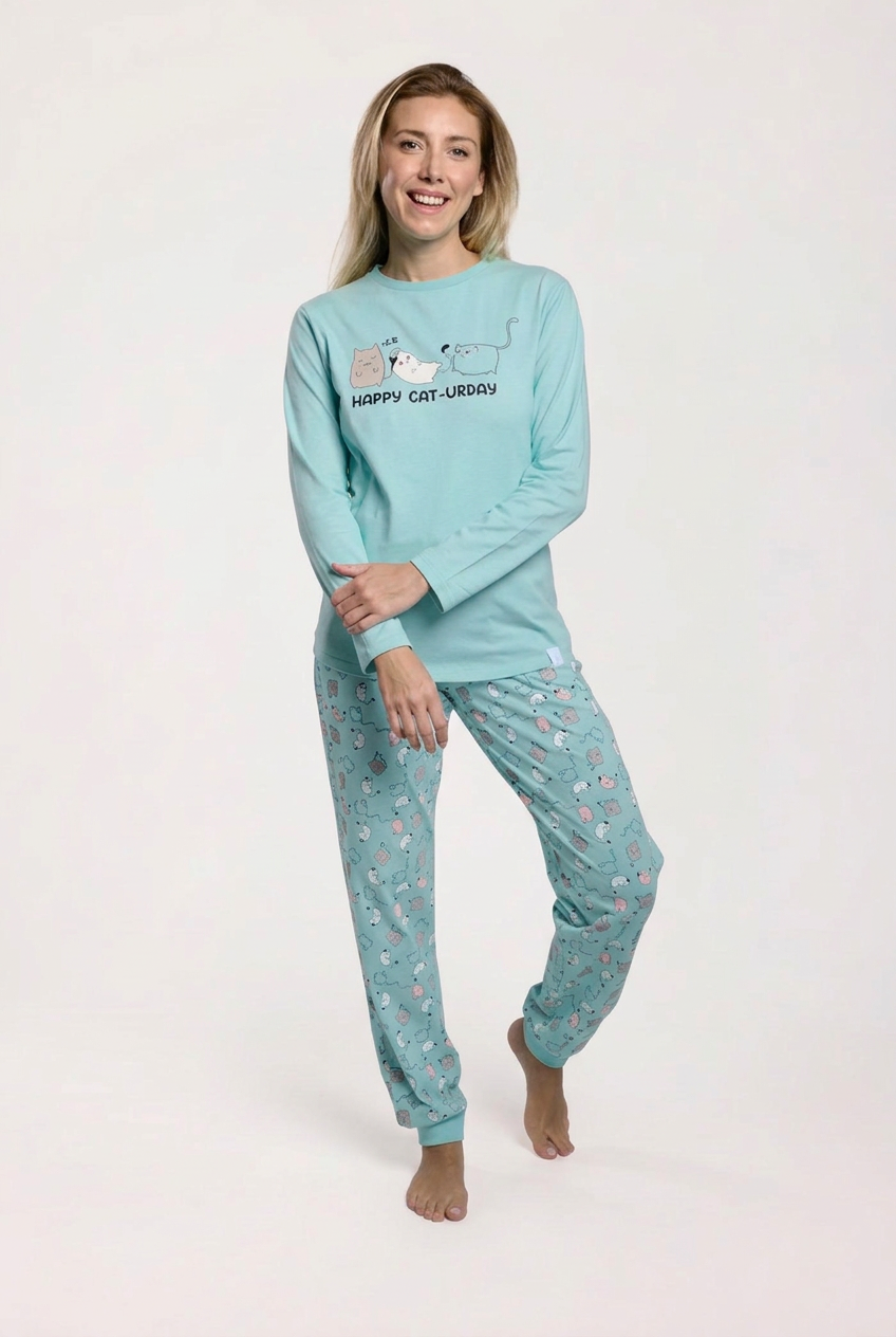 Women's long blue cotton cat-print pyjamas