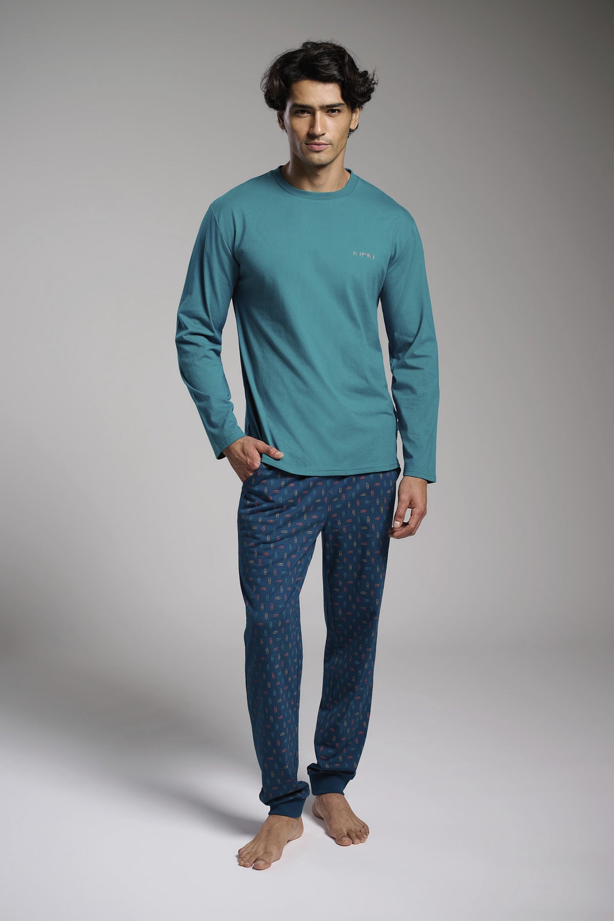 Men's long cotton paperclip-print pyjamas