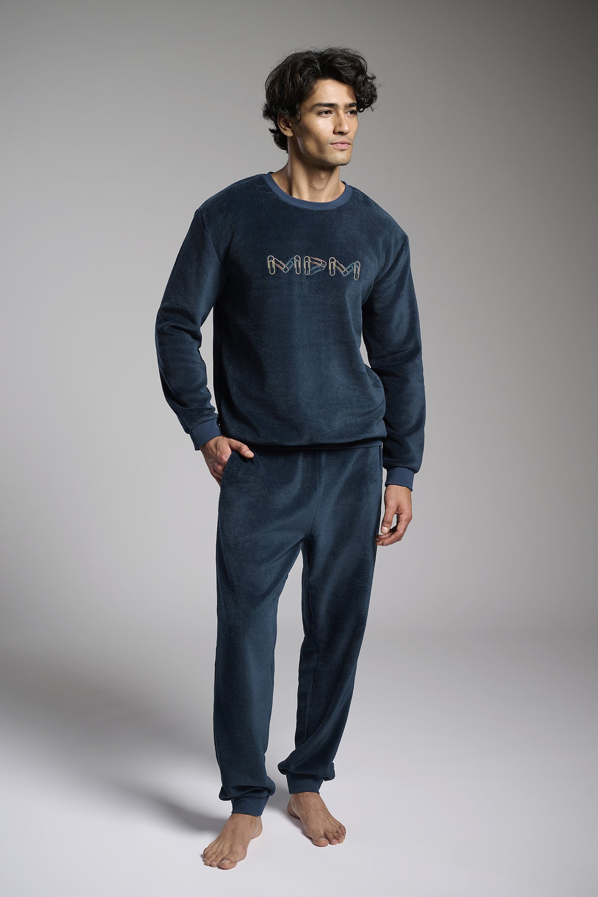 Men's long navy coral fleece pyjamas with embroidered detail