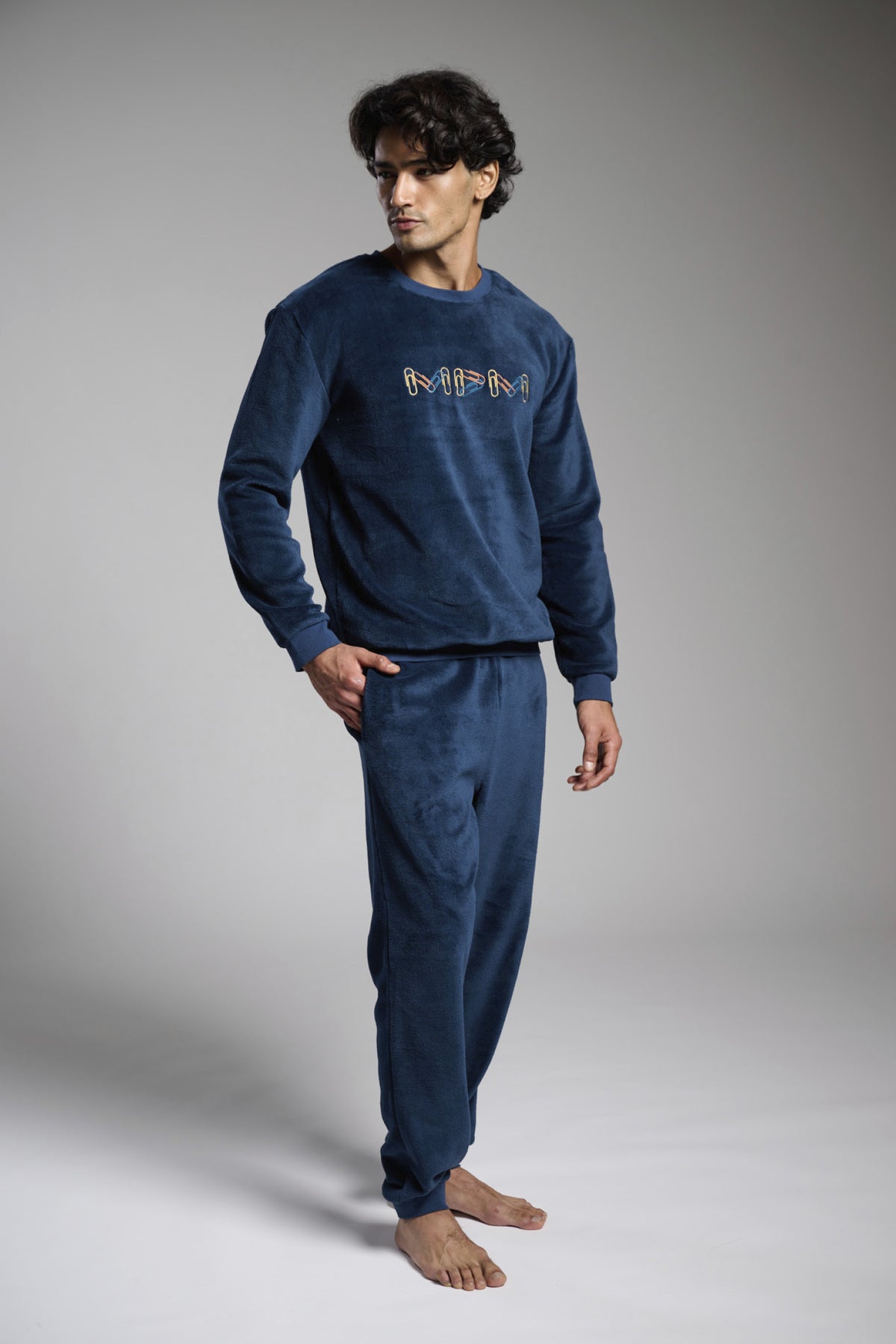 Men's long navy coral fleece pyjamas with embroidered detail