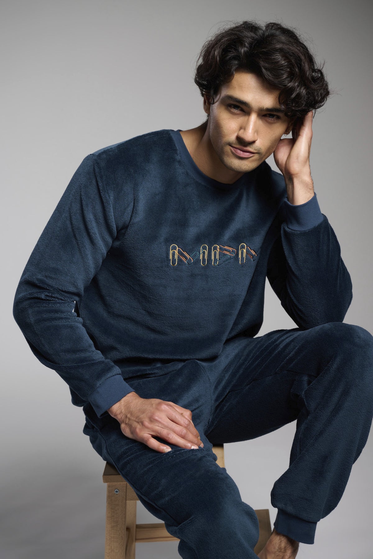Men's long navy coral fleece pyjamas with embroidered detail