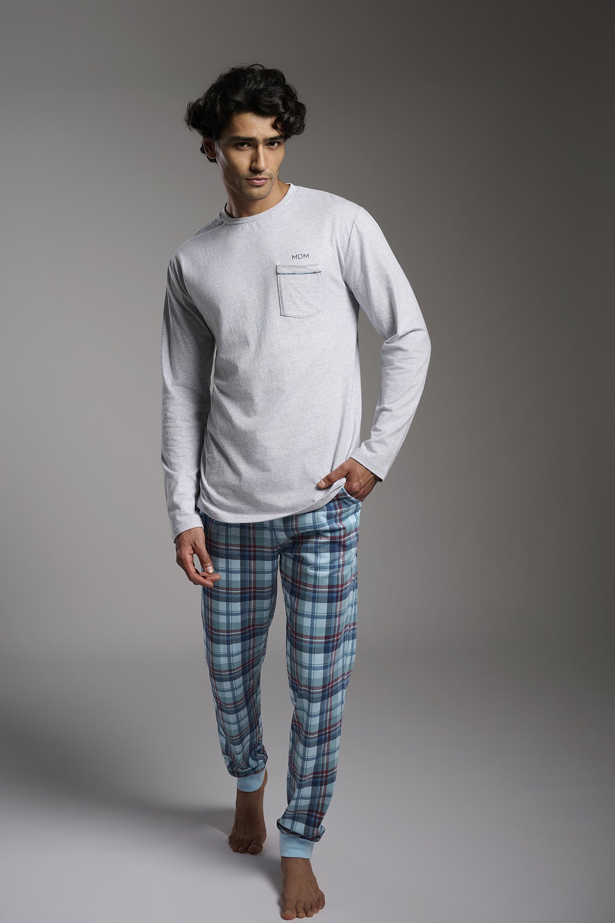 Men's long cotton checked pyjamas