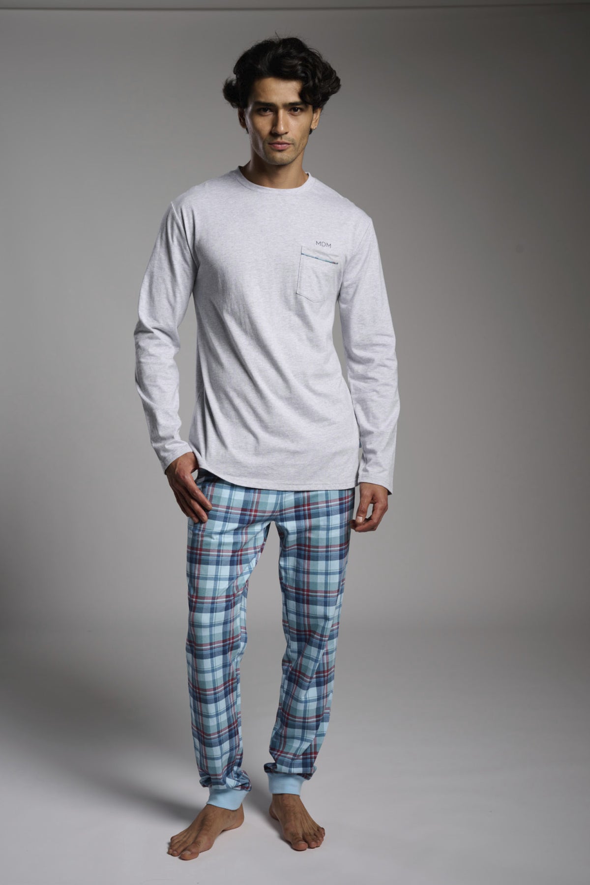 Men's long cotton checked pyjamas