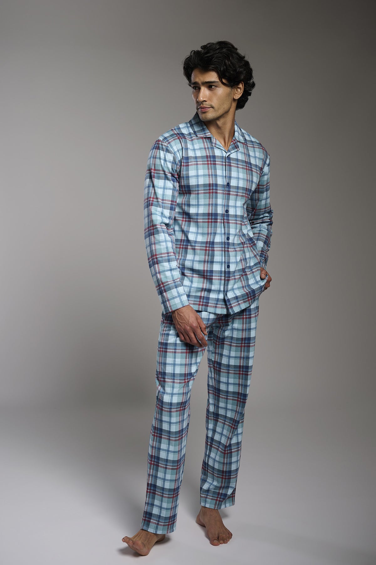Men's long checked cotton shirt-style pyjamas