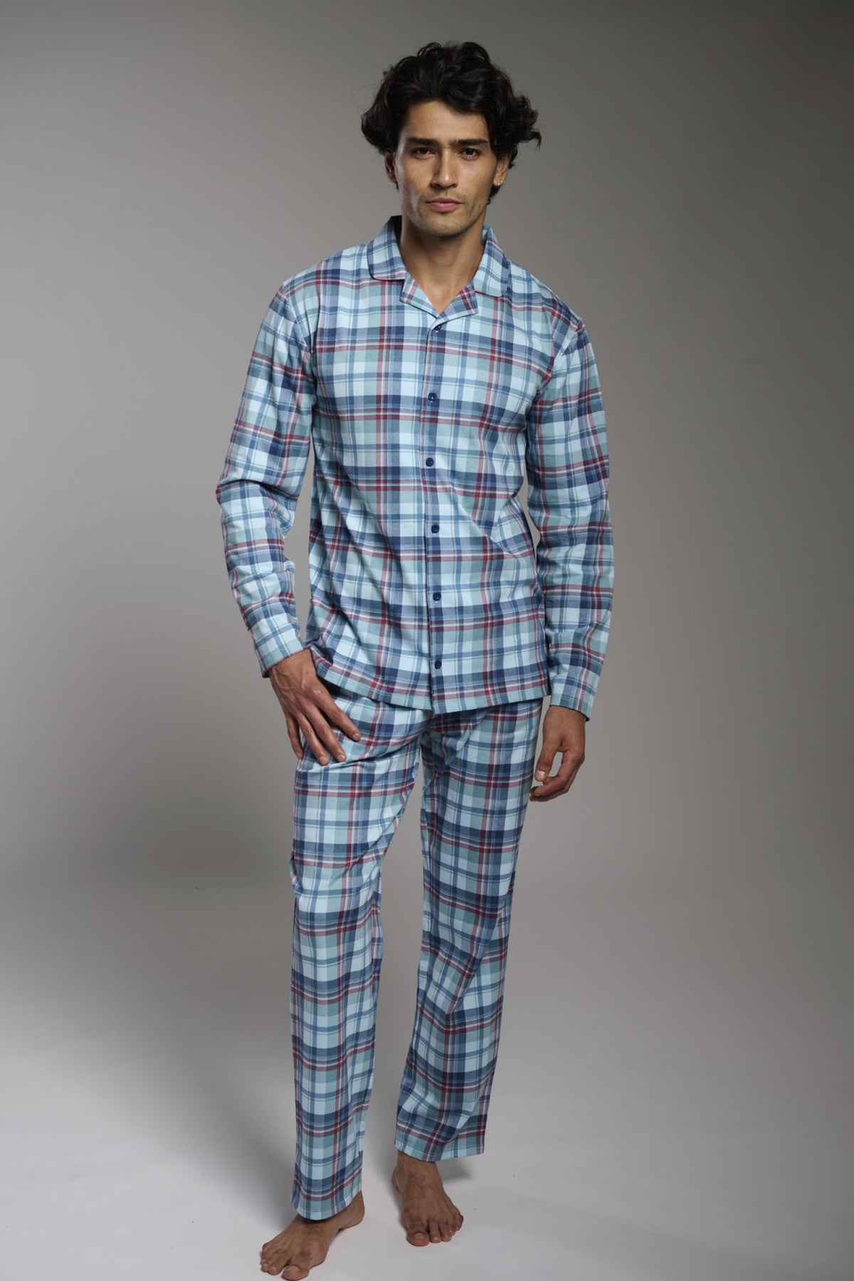 Men's long checked cotton shirt-style pyjamas